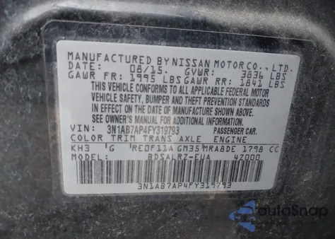 2015 Nissan Sentra Sr из США, поврежденный, VIN 3N1AB7AP4FY319793